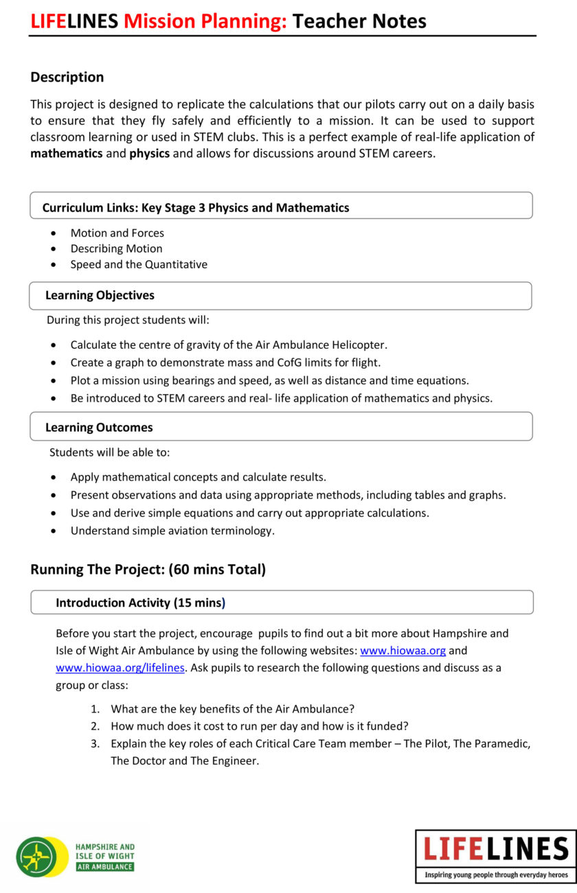 Mission Planning – Teachers notes