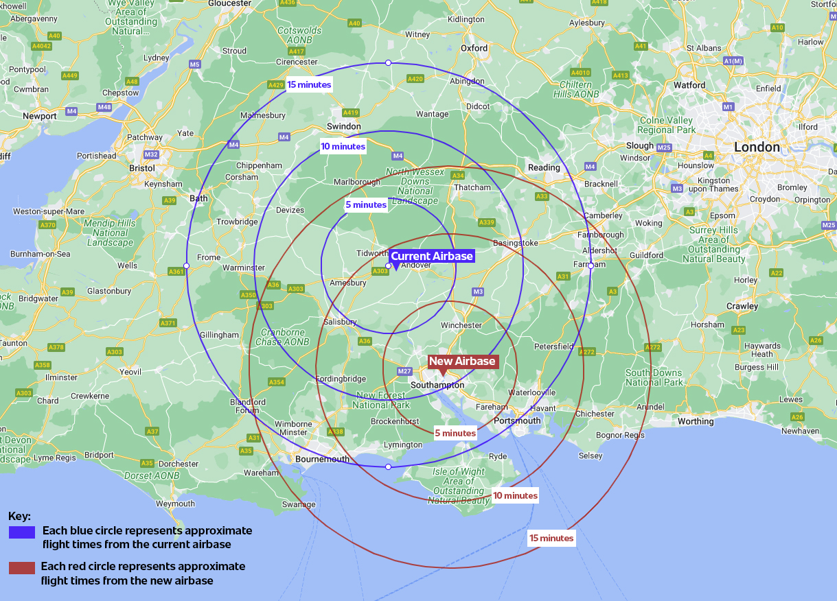 The map of Hampshire and the Isle of Wight features blue circles which demonstrate the flight times from the current airbase and red circles which demonstrate the flight times from the proposed new site