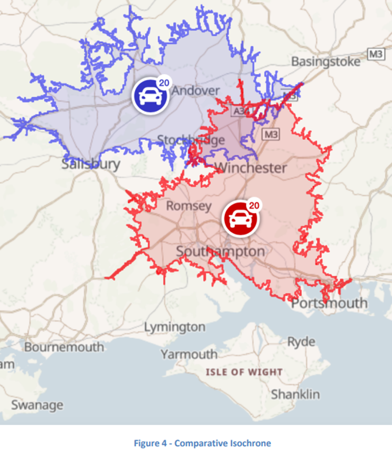 The map shows the response times of our cars from the current airbase (blue) and in the proposed new airbase (red)